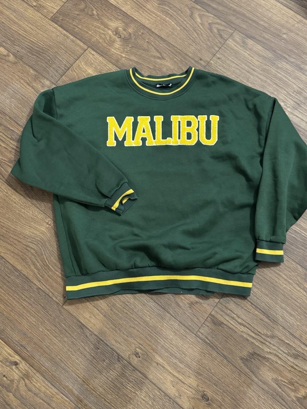 Charlotte Russe Malibu Varsity Sweatshirt Green Yellow Chenille Logo XL